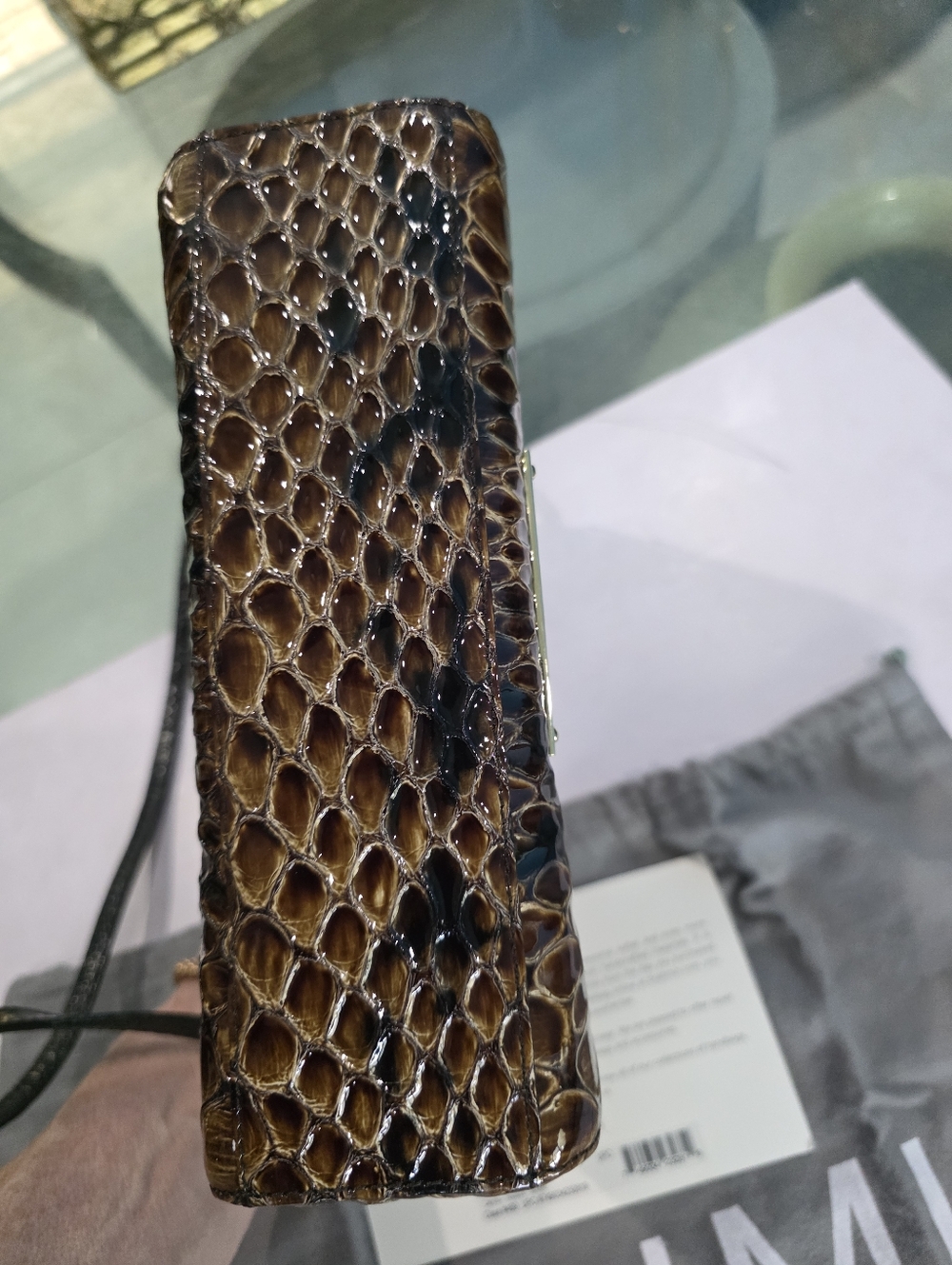 Brahmin Glossy Brown Python-Embossed Clutch with Gold Plaque - Picture 4 of 6